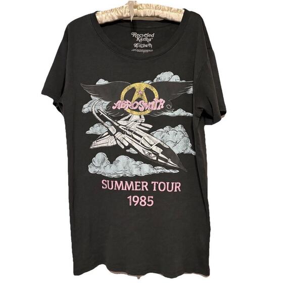 Aerosmith Tops - Aerosmith Black 1985 Summer Tour T-shirt Recycled Karma Rock Music 80s